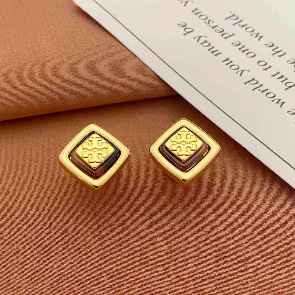 Tory Burch Cold Inlaid Letter Geometric Square Studs